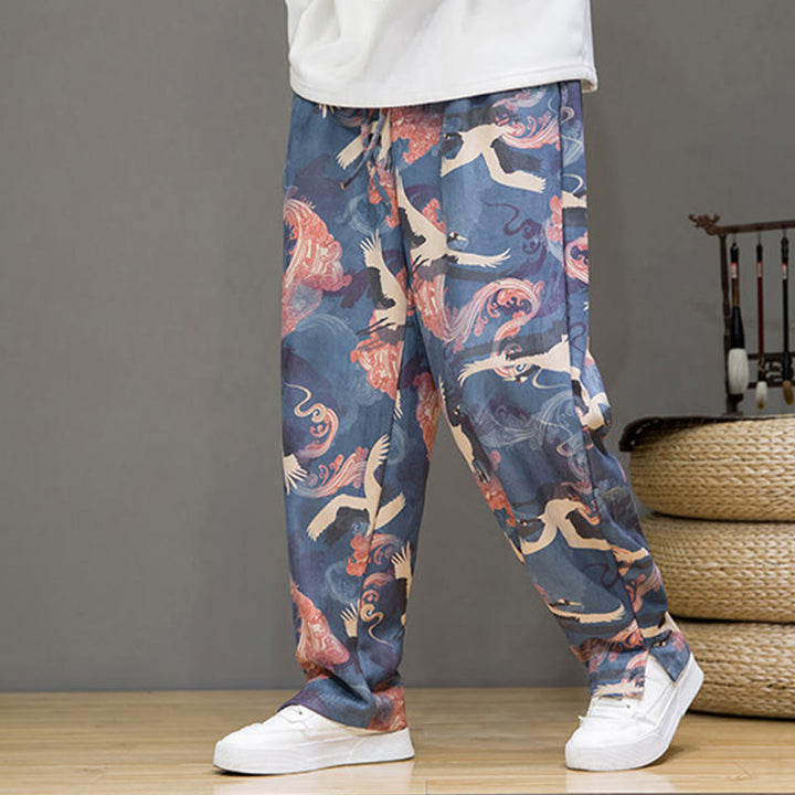 Buddha Stones Spring Summer Casual Drawstring Crane Print Ankle Pants Men's Harem Pants With Pockets - image 1