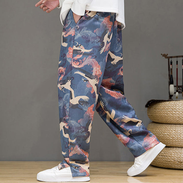 Buddha Stones Spring Summer Casual Drawstring Crane Print Ankle Pants Men's Harem Pants With Pockets - image 6