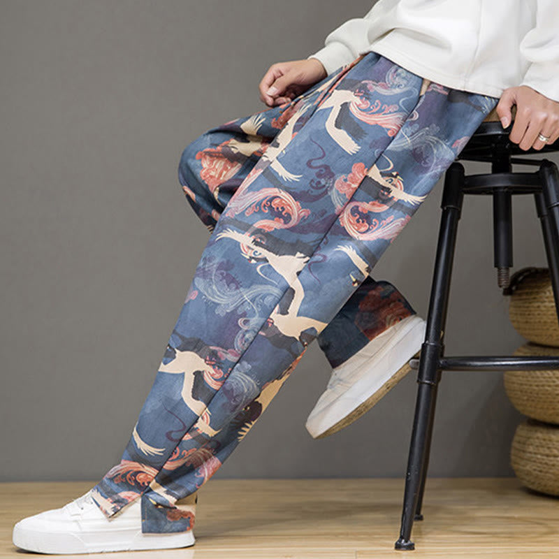 Buddha Stones Spring Summer Casual Drawstring Crane Print Ankle Pants Men's Harem Pants With Pockets - image 8