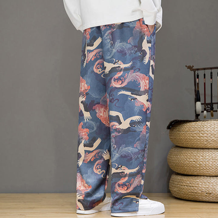 Buddha Stones Spring Summer Casual Drawstring Crane Print Ankle Pants Men's Harem Pants With Pockets - image 4