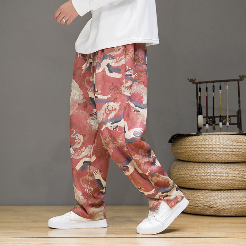 Buddha Stones Spring Summer Casual Drawstring Crane Print Ankle Pants Men's Harem Pants With Pockets - image 14