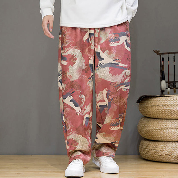 Buddha Stones Spring Summer Casual Drawstring Crane Print Ankle Pants Men's Harem Pants With Pockets - image 18