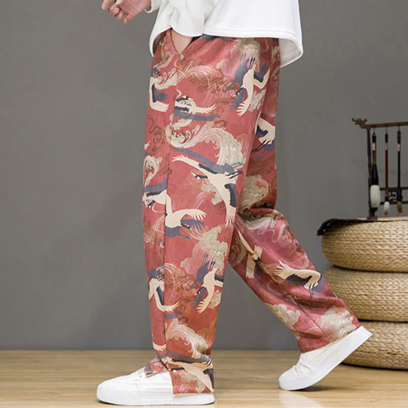 Buddha Stones Spring Summer Casual Drawstring Crane Print Ankle Pants Men's Harem Pants With Pockets - image 17