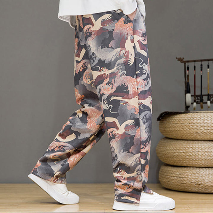 Buddha Stones Spring Summer Casual Drawstring Crane Print Ankle Pants Men's Harem Pants With Pockets - image 22