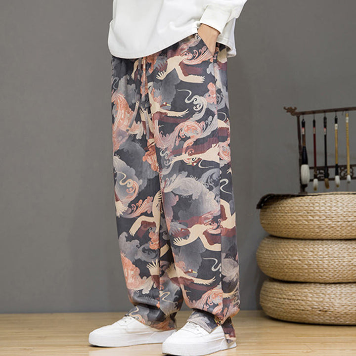 Buddha Stones Spring Summer Casual Drawstring Crane Print Ankle Pants Men's Harem Pants With Pockets - image 25