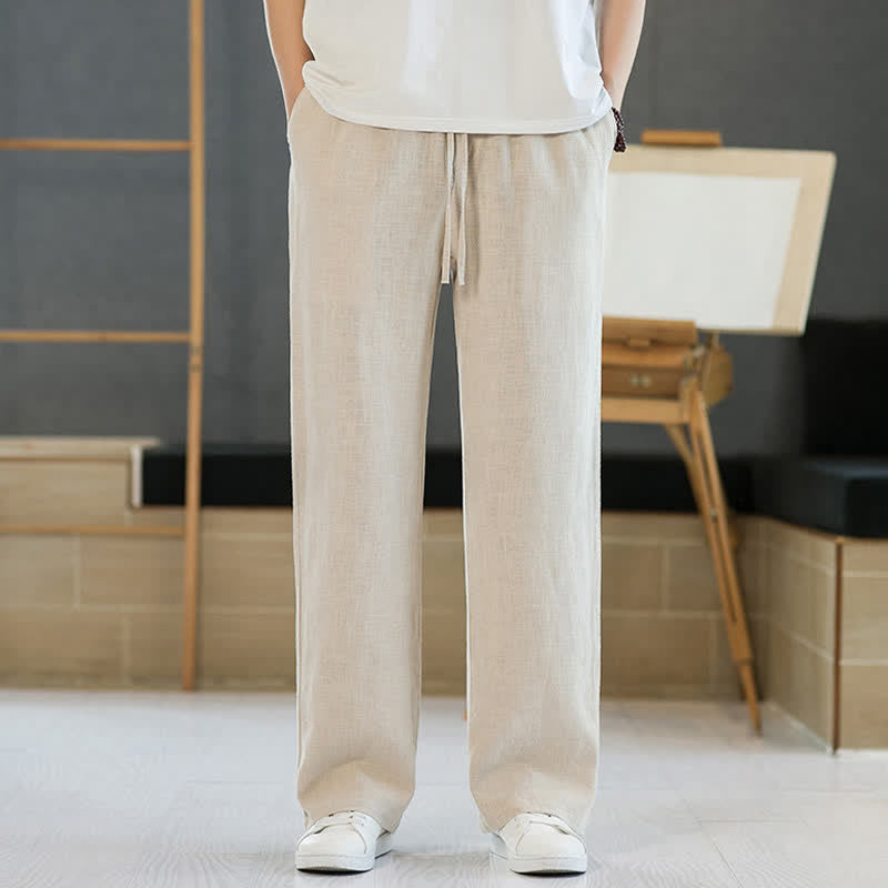 Buddha Stones Spring Summer Casual Minimalist Drawstring Solid Long Pants Men's Straight Leg Pants With Pockets - Linen - US/UK/AU46，EU56 (5XL) - image 24