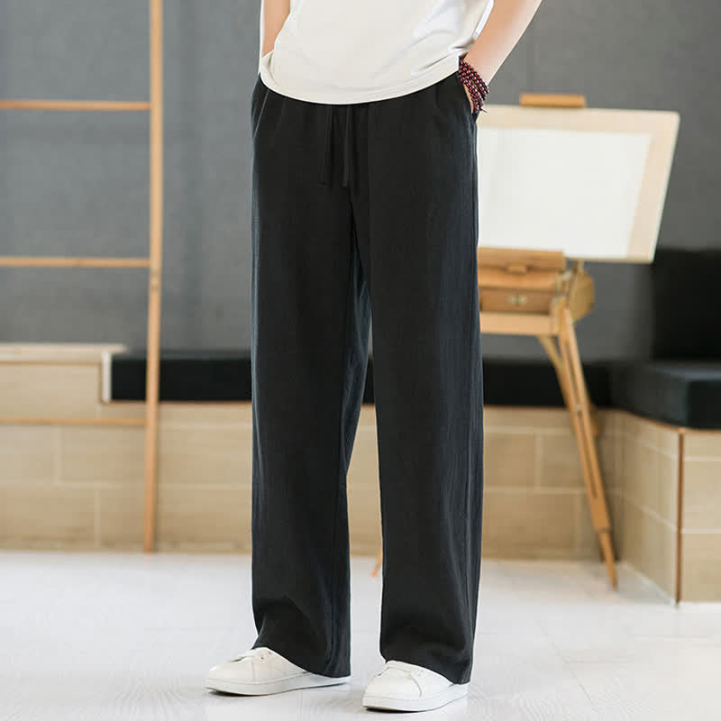 Buddha Stones Spring Summer Casual Minimalist Drawstring Solid Long Pants Men's Straight Leg Pants With Pockets - image 7