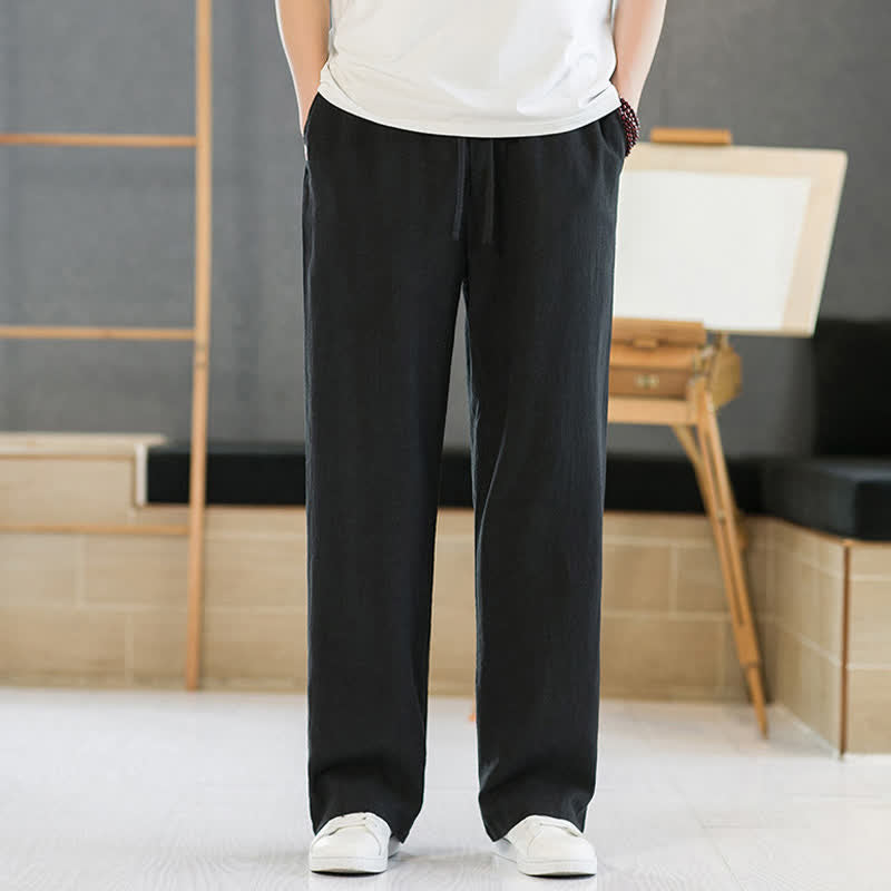 Buddha Stones Spring Summer Casual Minimalist Drawstring Solid Long Pants Men's Straight Leg Pants With Pockets - Black - US/UK/AU46，EU56 (5XL) - image 6