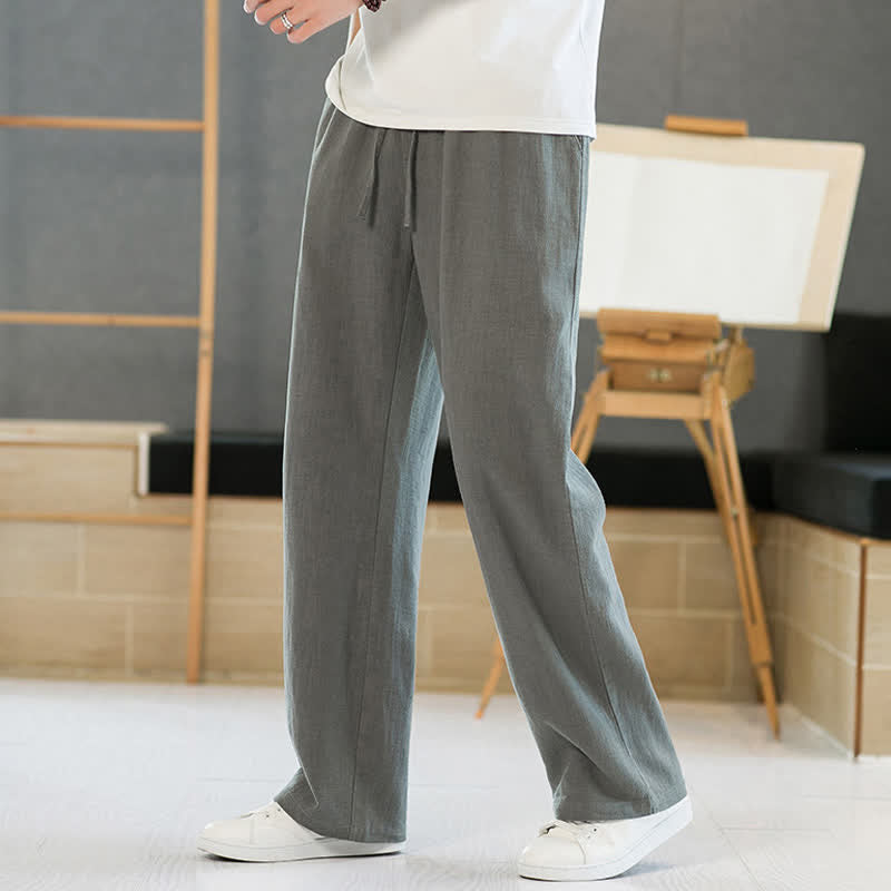 Buddha Stones Spring Summer Casual Minimalist Drawstring Solid Long Pants Men's Straight Leg Pants With Pockets - image 1