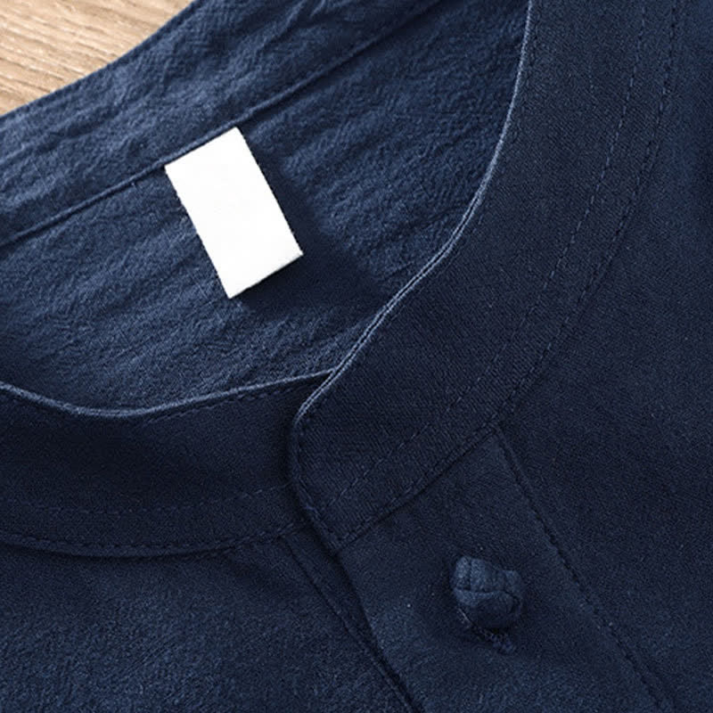 Buddha Stones Spring Tang Style Minimalist Mandarin Collar Solid Linen Cotton Men's Long Sleeve Shirts With Patch Pocket - image 7