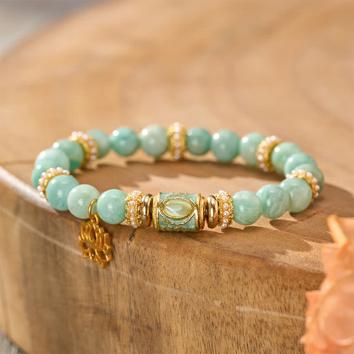 Buddha Stones Amazonite Enamel Barrel Bead Lotus Pendant Love Hand Polished Round Bead Bracelet - image 3