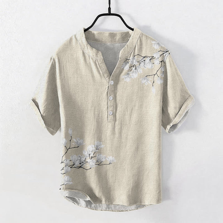 Buddha Stones Cotton White Floral Branch Pattern Men's Short Sleeve Half Button Shirt - Beige - US/UK/AU50，EU60 (5XL) - image 5