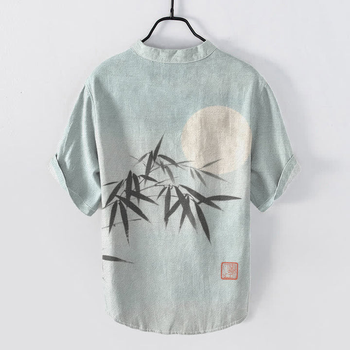 Buddha Stones Cotton Bamboo Leaf Ink Moon Pattern Men's Short Sleeve Half Button Shirt - image 1