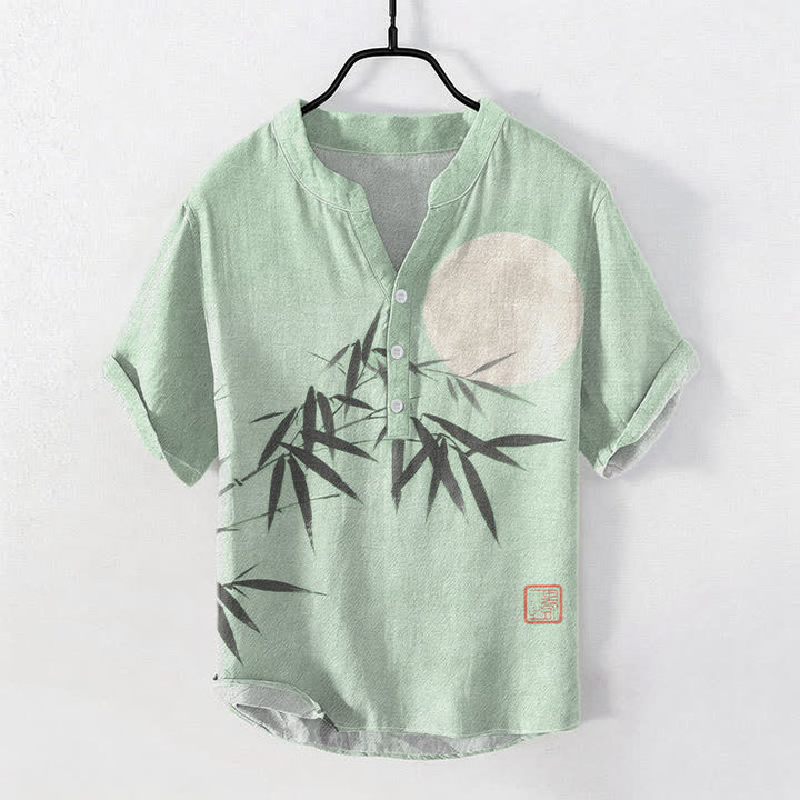 Buddha Stones Cotton Bamboo Leaf Ink Moon Pattern Men's Short Sleeve Half Button Shirt - PaleGreen - US/UK/AU50，EU60 (5XL) - image 3