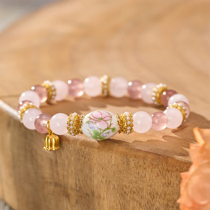 Buddha Stones Natural Strawberry Quartz Rose Quartz Ceramic Barrel Bead Lotus Pendant Clarity Round Bead Bracelet - Strawberry Quartz Rose Quartz (Wrist Circumference: 15–16 cm) - image 0