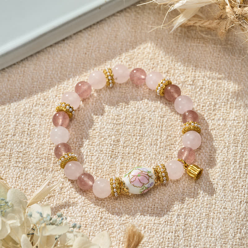 Buddha Stones Natural Strawberry Quartz Rose Quartz Ceramic Barrel Bead Lotus Pendant Clarity Round Bead Bracelet - image 3