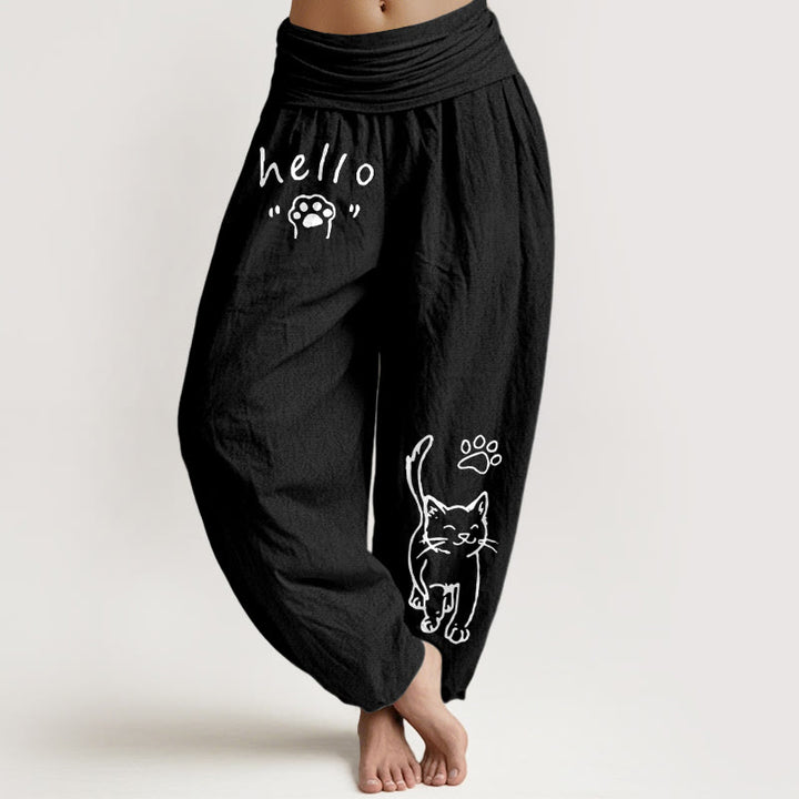 Buddha Stones Pure Cotton Hello Cat Paw Pattern Women's Elastic Waist Harem Pants - Black - US16，UK/AU20，EU48 (3XL) - image 0