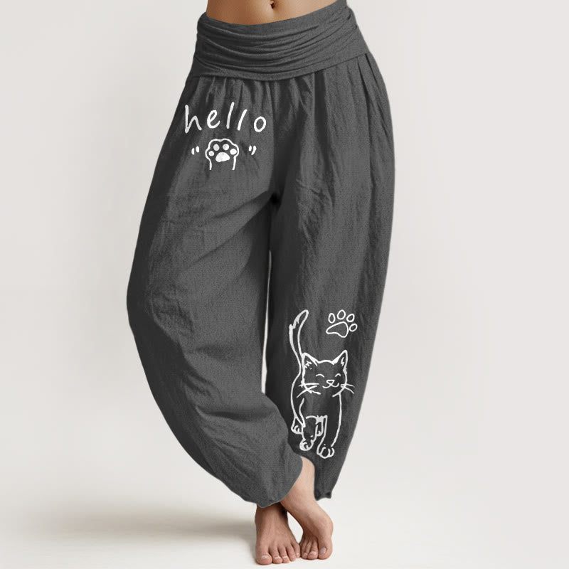 Buddha Stones Pure Cotton Hello Cat Paw Pattern Women's Elastic Waist Harem Pants - DimGray - US16，UK/AU20，EU48 (3XL) - image 8