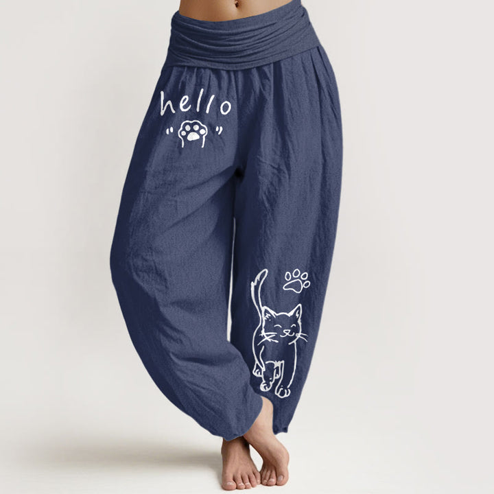 Buddha Stones Pure Cotton Hello Cat Paw Pattern Women's Elastic Waist Harem Pants - DarkSlateBlue - US16，UK/AU20，EU48 (3XL) - image 5