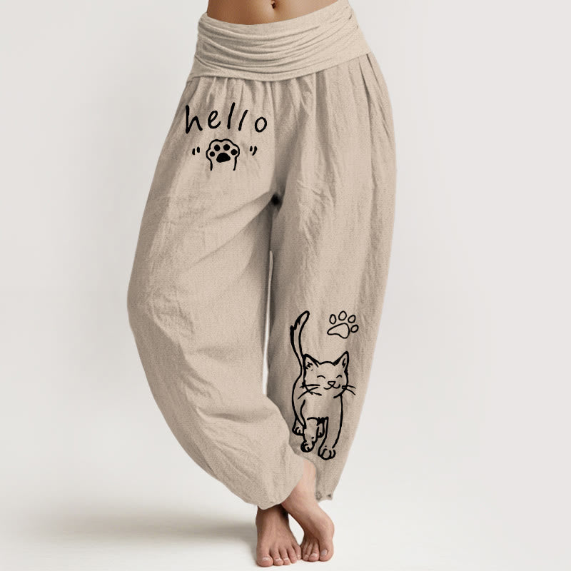Buddha Stones Pure Cotton Hello Cat Paw Pattern Women's Elastic Waist Harem Pants - Tan - US16，UK/AU20，EU48 (3XL) - image 11