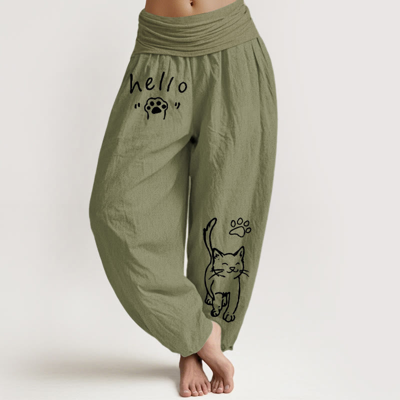 Buddha Stones Pure Cotton Hello Cat Paw Pattern Women's Elastic Waist Harem Pants - OliveDrab - US16，UK/AU20，EU48 (3XL) - image 14