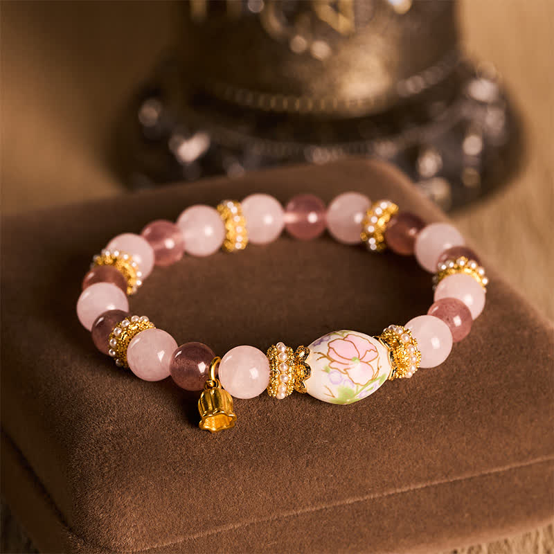 Buddha Stones Natural Strawberry Quartz Rose Quartz Ceramic Barrel Bead Lotus Pendant Clarity Round Bead Bracelet - image 4