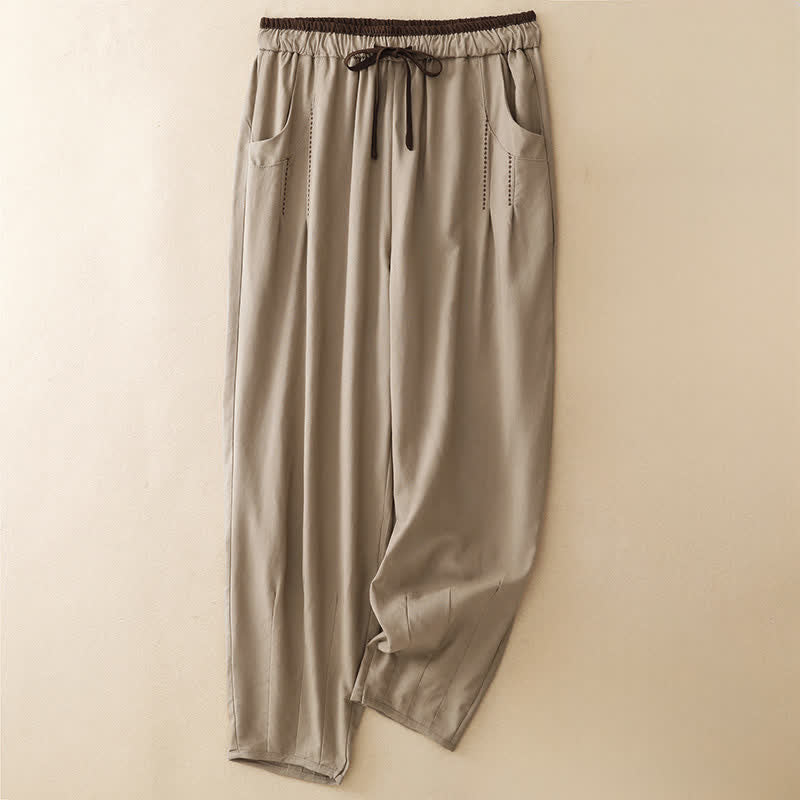 Buddha Stones Summer Casual Minimalist Drawstring Solid Cropped Pants Women's Tapered Pants With Pocket - Tan - US8-10, UK/AU12-14, EU40-42 (2XL) - image 9