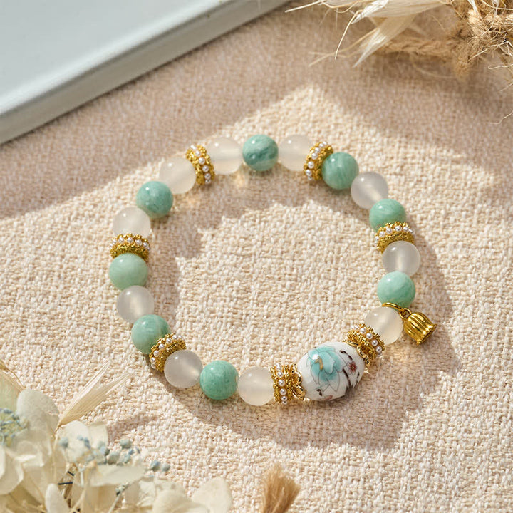 Buddha Stones White Agate Amazonite Ceramic Barrel Bead Flower Pendant Purity Round Bead Bracelet - White Agate Amazonite (Wrist Circumference: 15–16 cm) - image 0