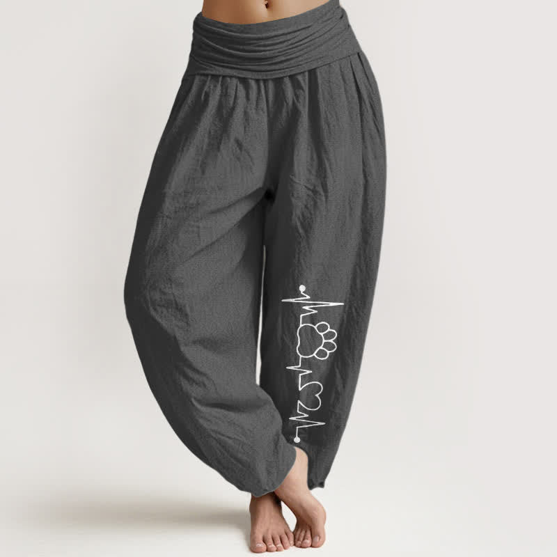 Buddha Stones Pure Cotton Heartbeat Paw Print Pattern Women's Elastic Waist Harem Pants - DimGray - US16，UK/AU20，EU48 (3XL) - image 8