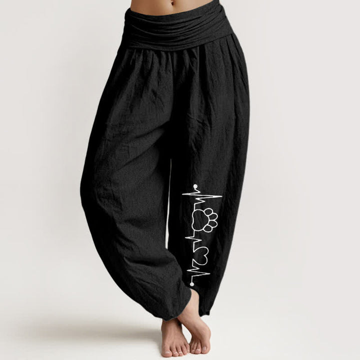 Buddha Stones Pure Cotton Heartbeat Paw Print Pattern Women's Elastic Waist Harem Pants - Black - US16，UK/AU20，EU48 (3XL) - image 5