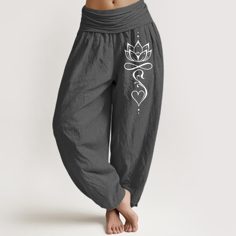 Buddha Stones Pure Cotton White Lotus Line Art Pattern Women's Elastic Waist Harem Pants - DimGray - US16，UK/AU20，EU48 (3XL) - image 0