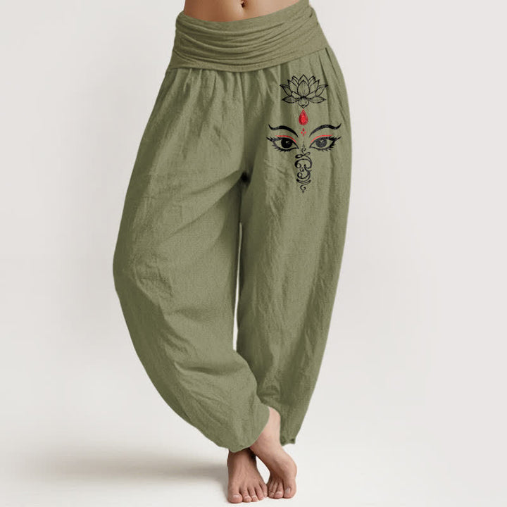 Buddha Stones Pure Cotton White Lotus Eye Pattern Women's Elastic Waist Harem Pants - OliveDrab - US16，UK/AU20，EU48 (3XL) - image 14