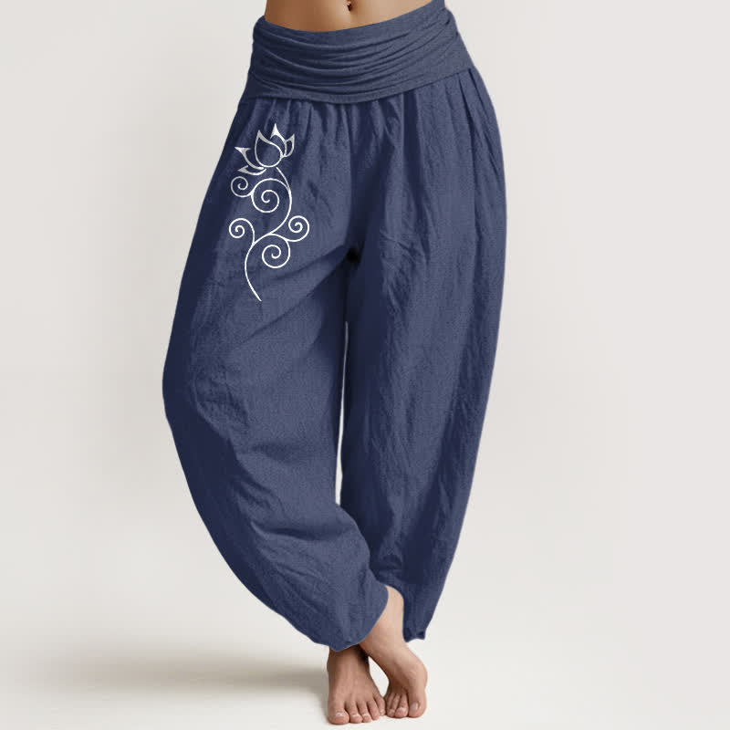 Buddha Stones Pure Cotton White Lotus Floral Vine Pattern Women's Elastic Waist Harem Pants - DarkSlateBlue - US16，UK/AU20，EU48 (3XL) - image 0