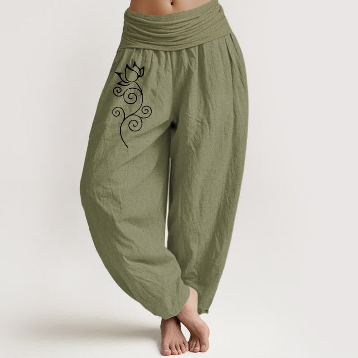 Buddha Stones Pure Cotton White Lotus Floral Vine Pattern Women's Elastic Waist Harem Pants - OliveDrab - US16，UK/AU20，EU48 (3XL) - image 14
