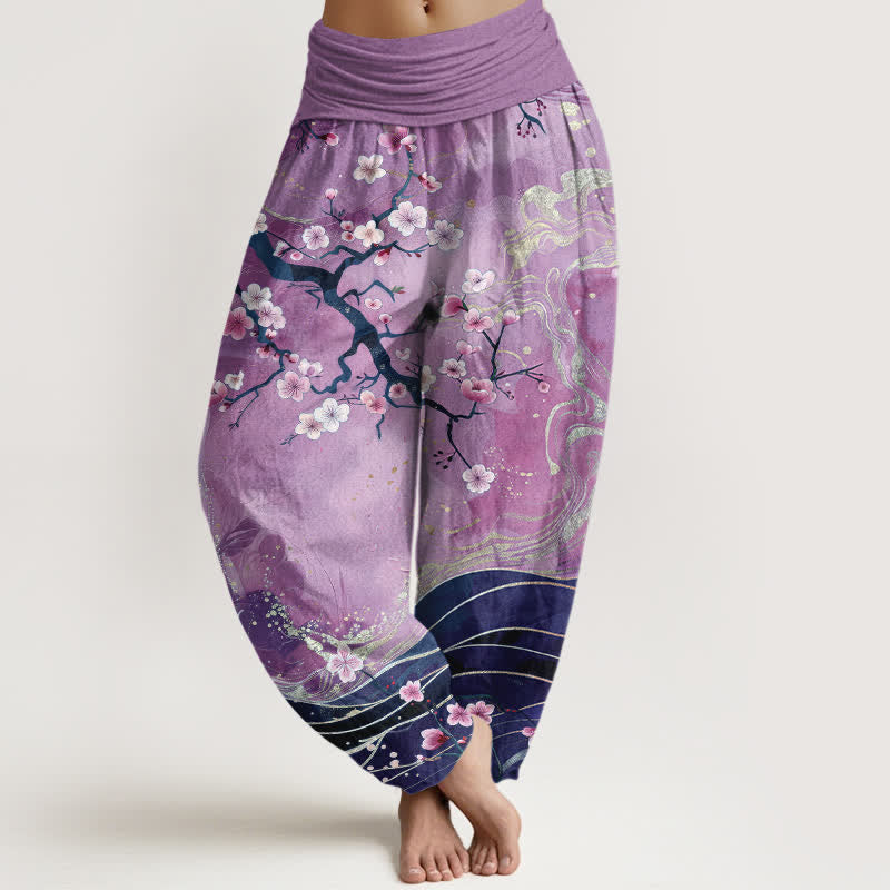 Buddha Stones Pure Cotton Sakura Blossom Branch Pattern Women's Elastic Waist Harem Pants - Plum - US16，UK/AU20，EU48 (3XL) - image 5