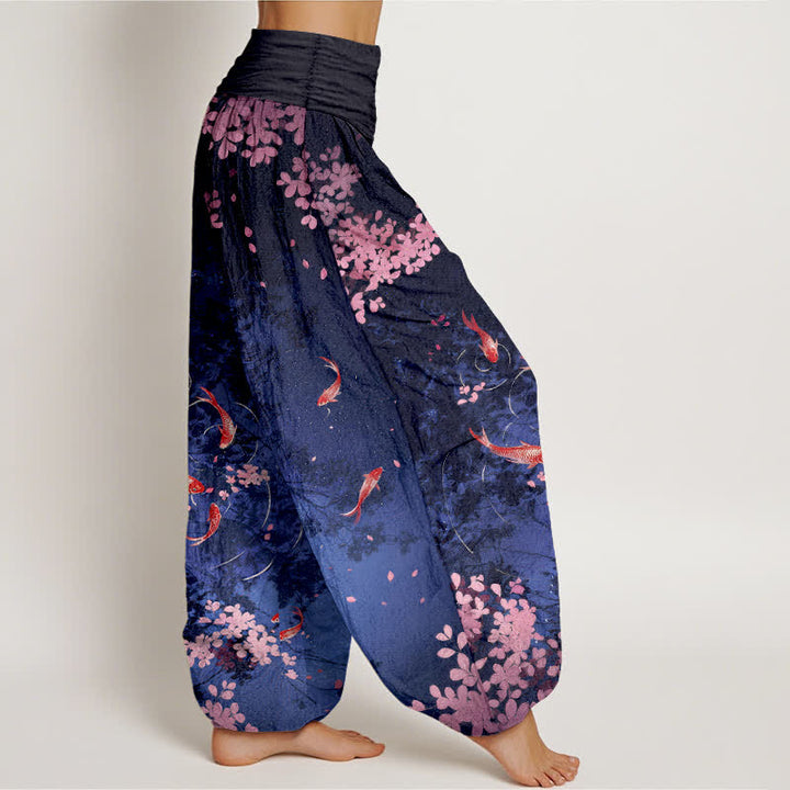 Buddha Stones Pure Cotton Koi Fish Sakura Pattern Women's Elastic Waist Pants With Pockets - image 1
