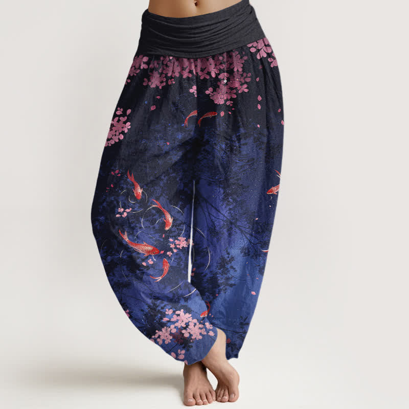 Buddha Stones Pure Cotton Koi Fish Sakura Pattern Women's Elastic Waist Pants With Pockets - Navy - US16，UK/AU20，EU48 (3XL) - image 0