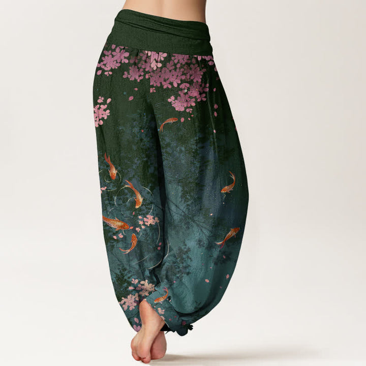 Buddha Stones Pure Cotton Koi Fish Sakura Pattern Women's Elastic Waist Pants With Pockets - image 7