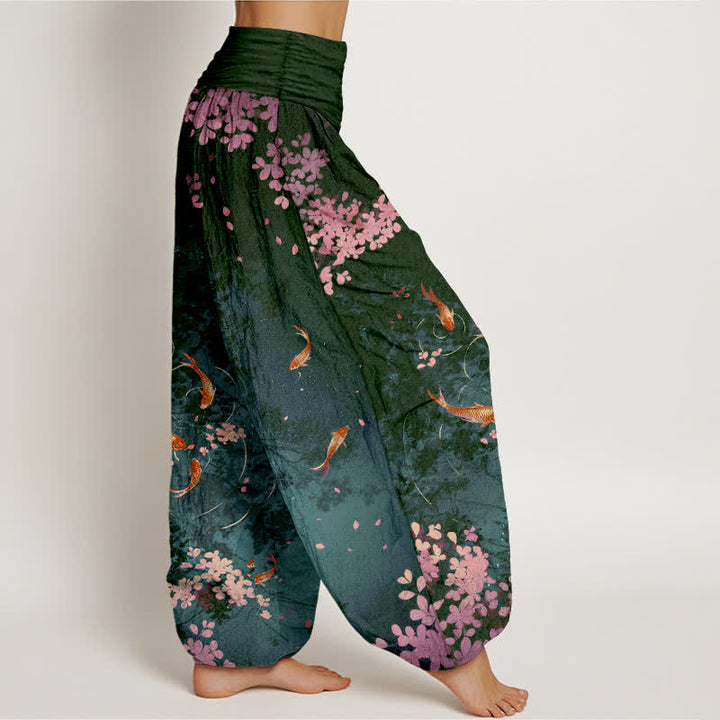 Buddha Stones Pure Cotton Koi Fish Sakura Pattern Women's Elastic Waist Pants With Pockets - image 6