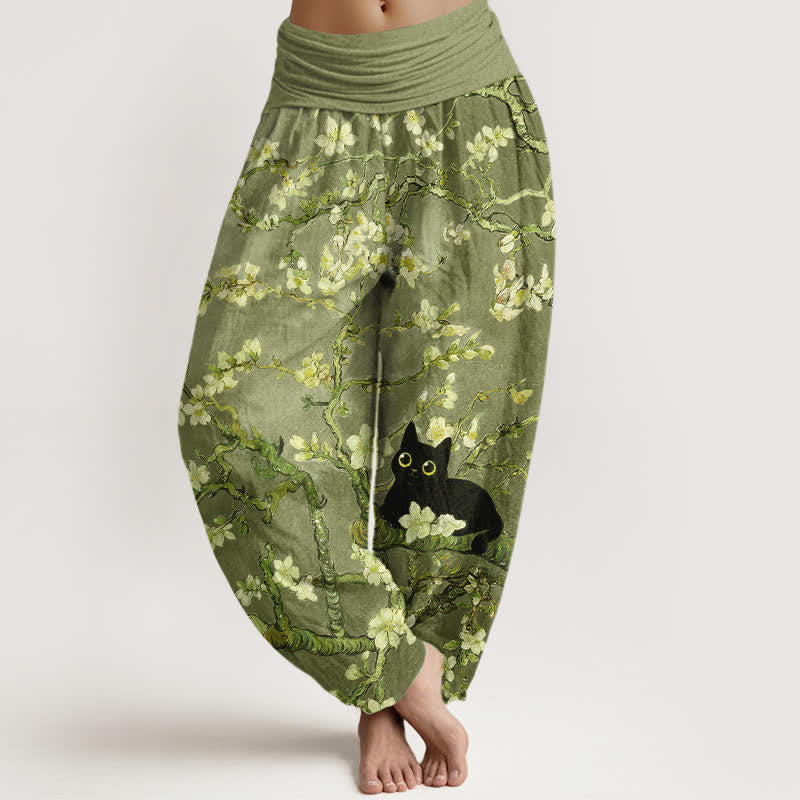 Buddha Stones Pure Cotton Botanical Blossom Cat Pattern Women's Elastic Waist Harem Pants - OliveDrab - US16，UK/AU20，EU48 (3XL) - image 8
