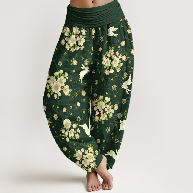 Buddha Stones Pure Cotton Floral Rabbit Pattern Women's Elastic Waist Harem Pants - DarkGreen - US16，UK/AU20，EU48 (3XL) - image 5