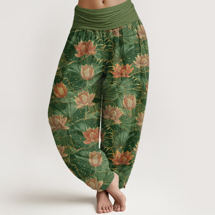 Buddha Stones Pure Cotton Lotus Bloom Pattern Women's Elastic Waist Harem Pants - ForestGreen - US16，UK/AU20，EU48 (3XL) - image 8