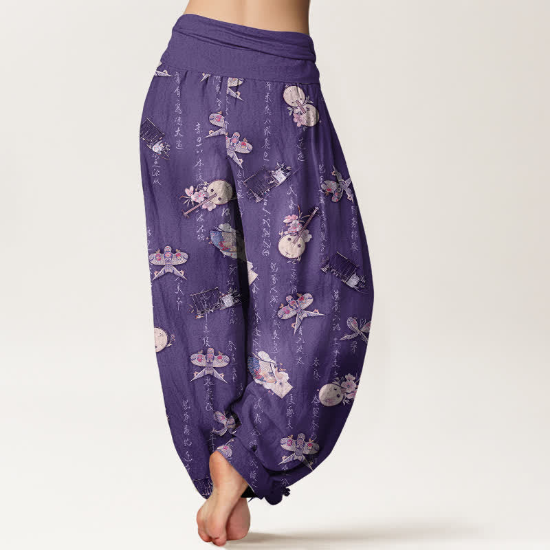 Buddha Stones Pure Cotton Kite Musical Instrument Calligraphy Pattern Women's Elastic Waist Harem Pants - image 7