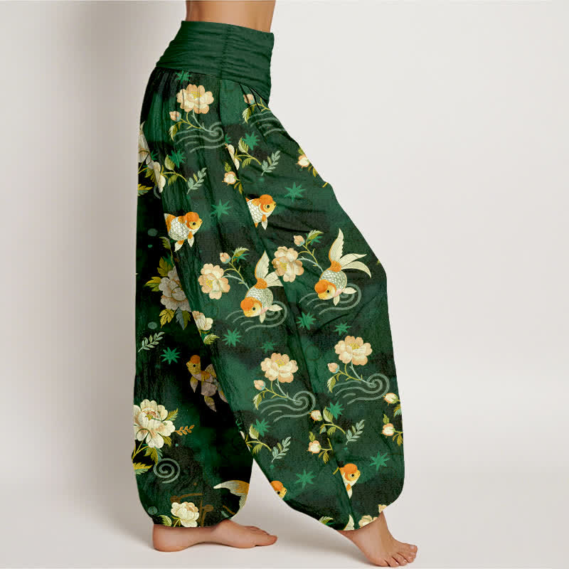Buddha Stones Pure Cotton Koi Fish Floral Pattern Women's Elastic Waist Harem Pants - image 6