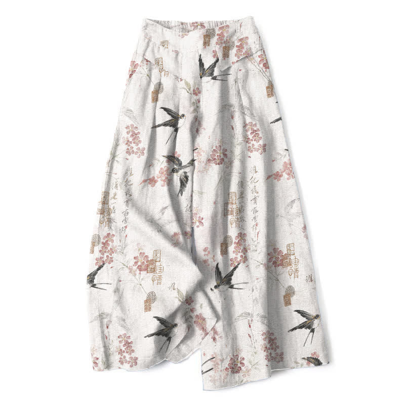Buddha Stones Cotton Linen Floral Bird Pattern Women's Elastic Waist Wide Leg Pants With Pockets - White - US16，UK/AU20，EU48 (3XL) - image 0