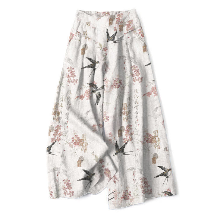 Buddha Stones Cotton Linen Floral Bird Pattern Women's Elastic Waist Wide Leg Pants With Pockets - White - US16，UK/AU20，EU48 (3XL) - image 0