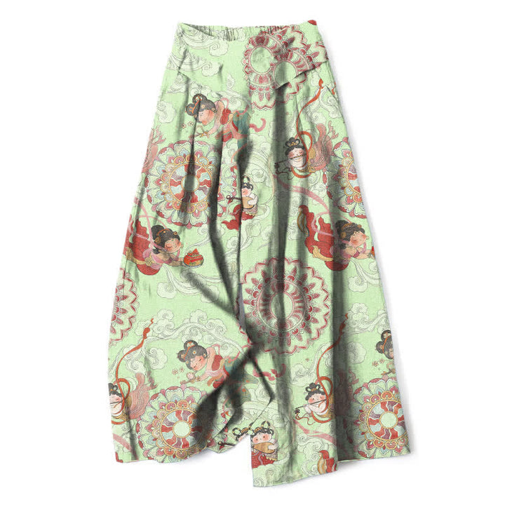 Buddha Stones Cotton Linen Fairy Floral Pattern Women's Elastic Waist Wide Leg Pants With Pockets - Honeydew - US16，UK/AU20，EU48 (3XL) - image 7