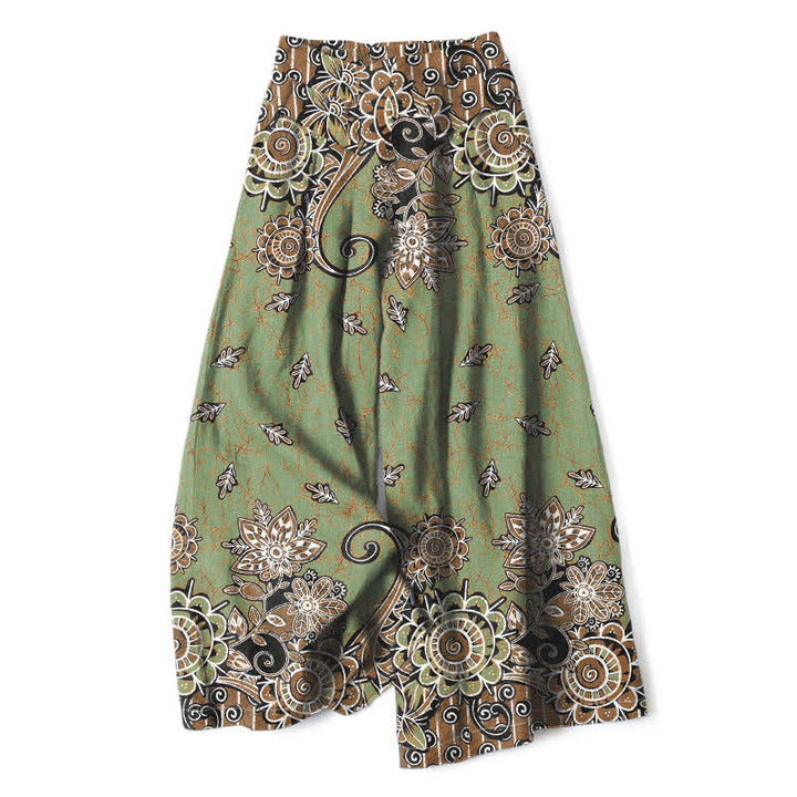 Buddha Stones Cotton Linen Bohemian Mandala Pattern Women's Elastic Waist Wide Leg Pants With Pockets - OliveDrab - US16，UK/AU20，EU48 (3XL) - image 0