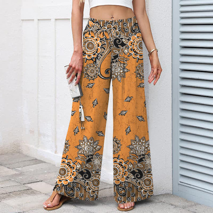 Buddha Stones Cotton Linen Bohemian Mandala Pattern Women's Elastic Waist Wide Leg Pants With Pockets - image 8