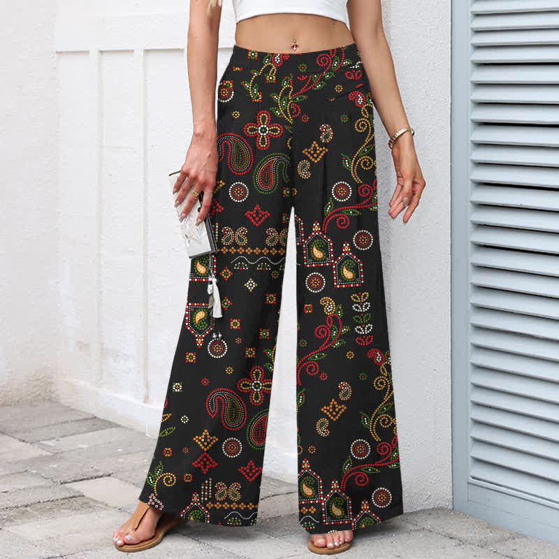 Buddha Stones Cotton Linen Floral Folk-inspired Pattern Women's Elastic Waist Wide Leg Pants With Pockets - image 1